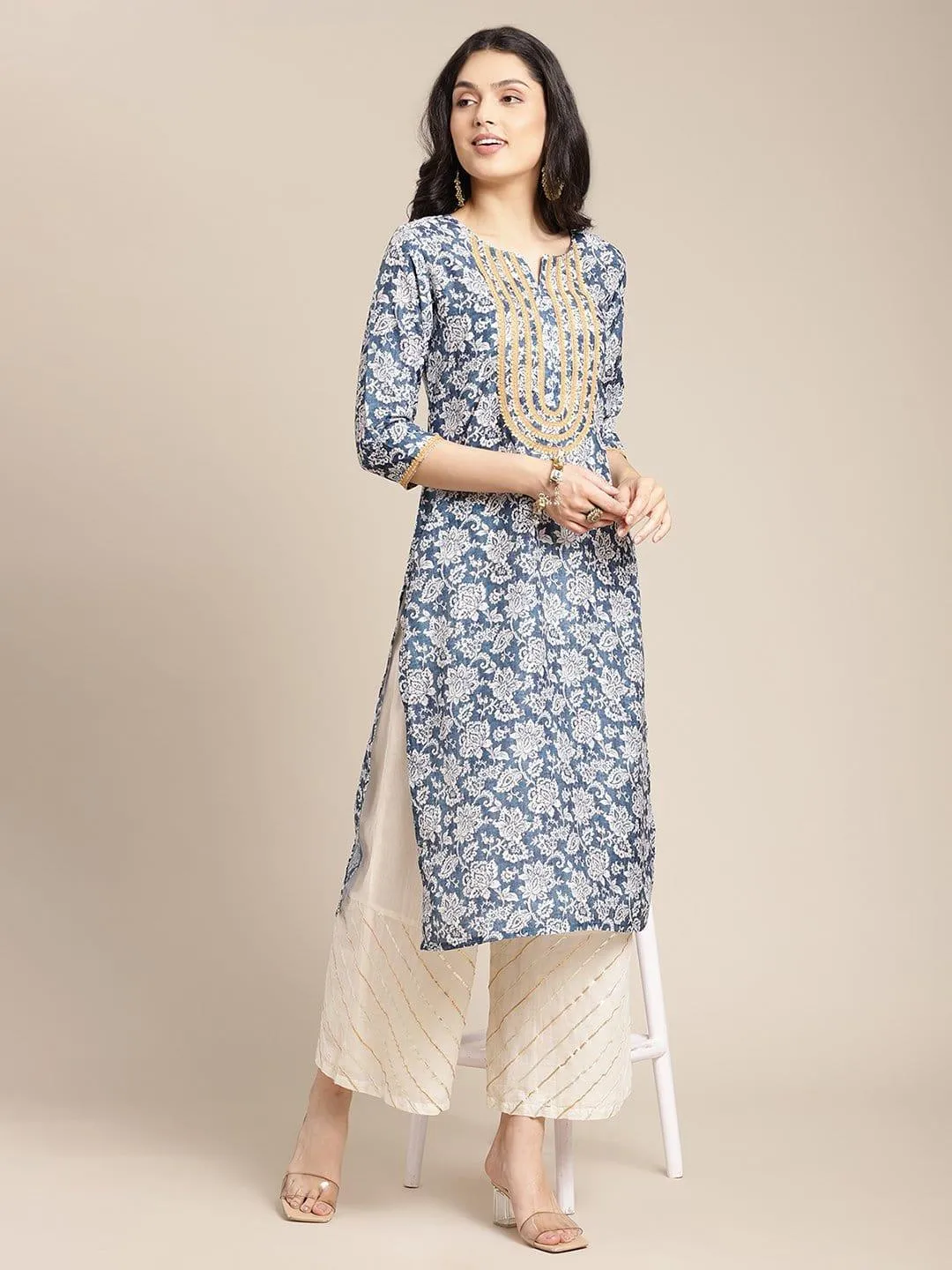 Blue And Off White Floral Printed Kurta With Lace Embellishment On Yoke