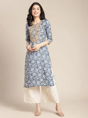 Blue And Off White Floral Printed Kurta With Lace Embellishment On Yoke