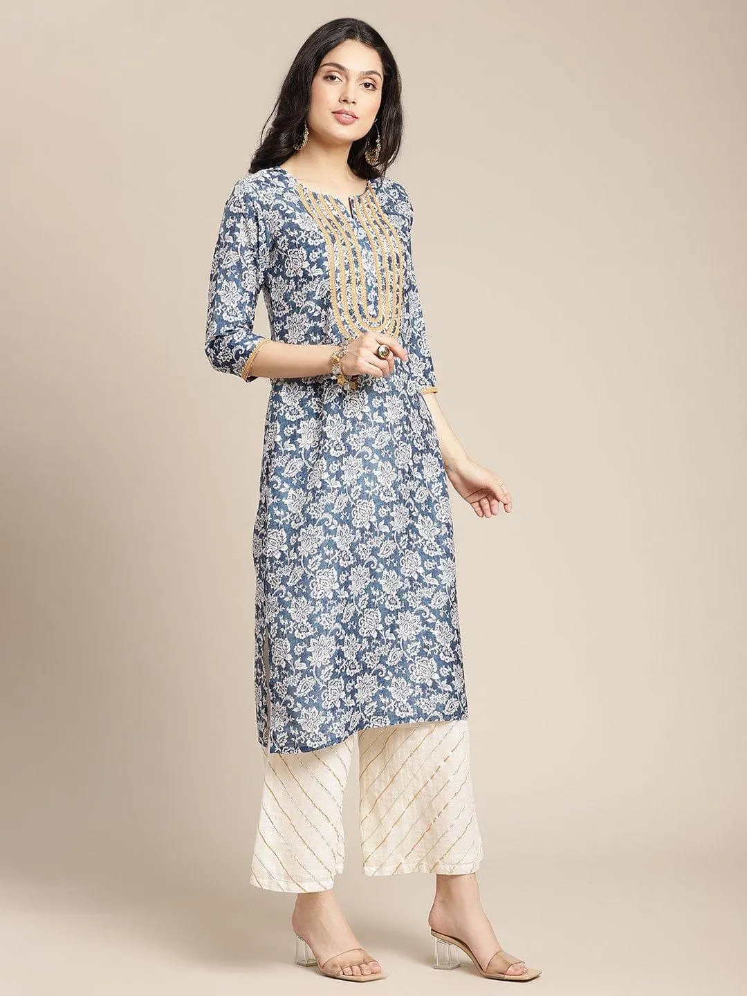 Blue And Off White Floral Printed Kurta With Lace Embellishment On Yoke