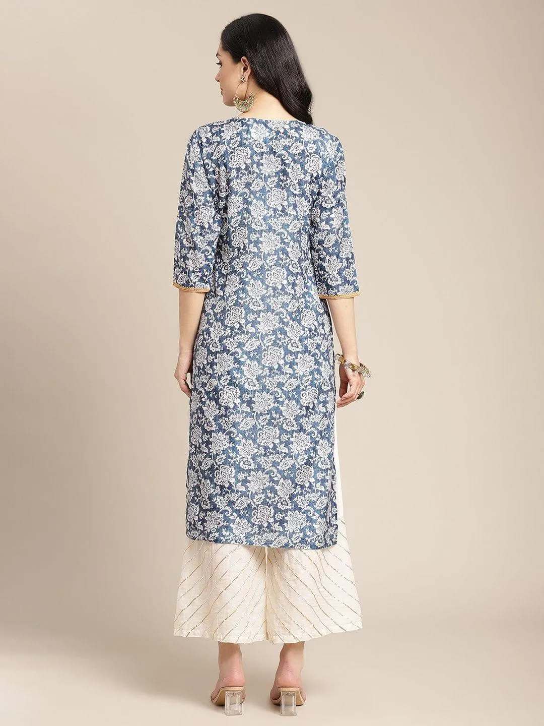 Blue And Off White Floral Printed Kurta With Lace Embellishment On Yoke