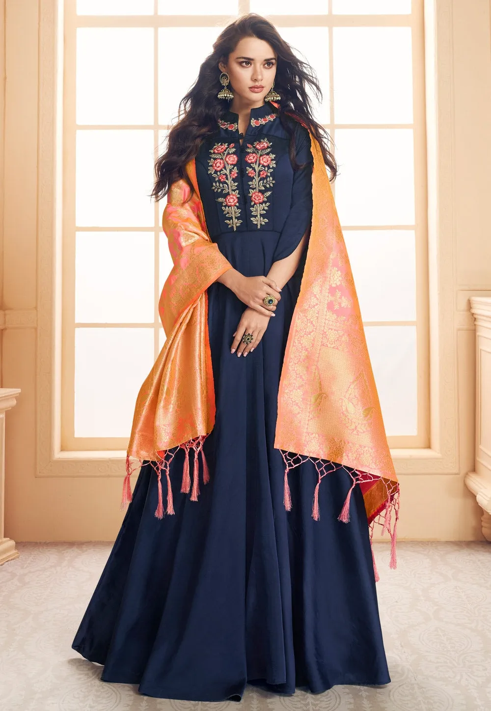 Blue And Orange Embroidered Satin Anarkali Suit