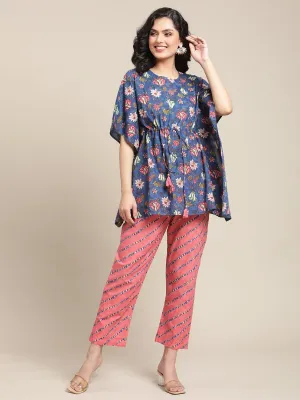 Blue And Peach Floral Printed Kaftan And Trouser Set