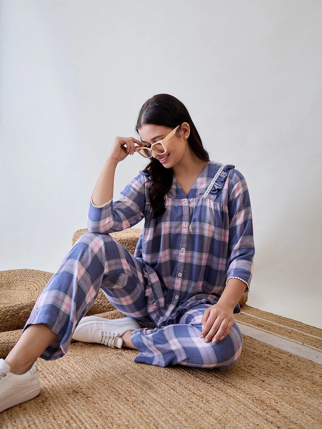 Blue and Pink Checks Ruffled Cute Viscose Pyjama Set With Lace Detail