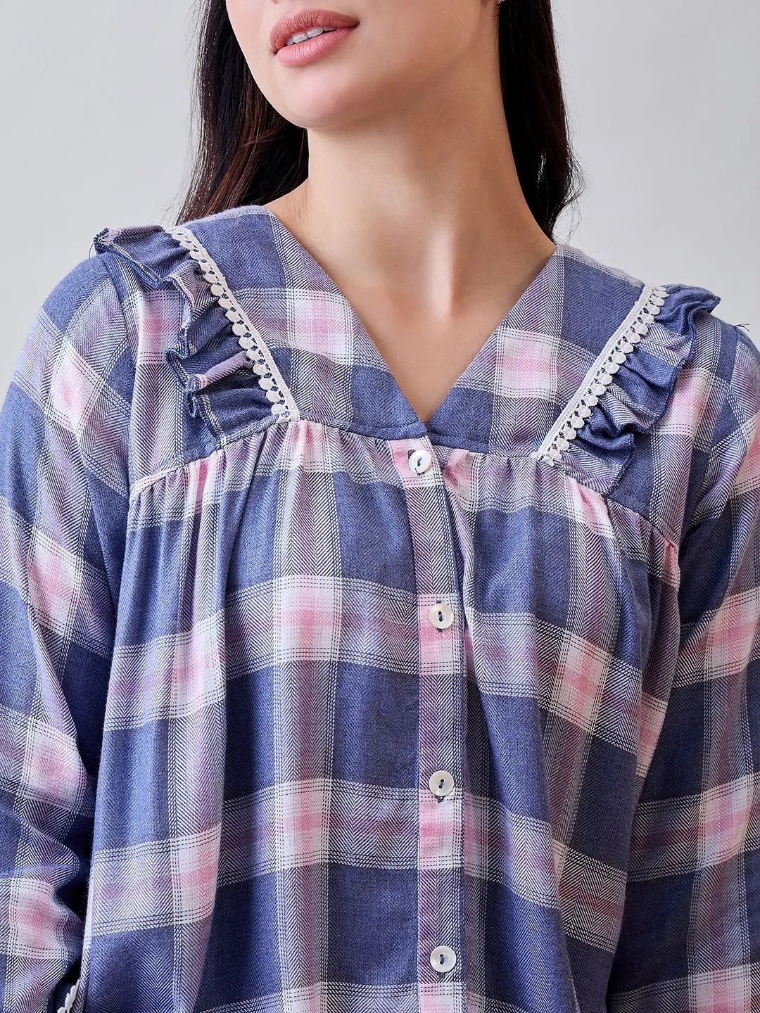 Blue and Pink Checks Ruffled Cute Viscose Pyjama Set With Lace Detail