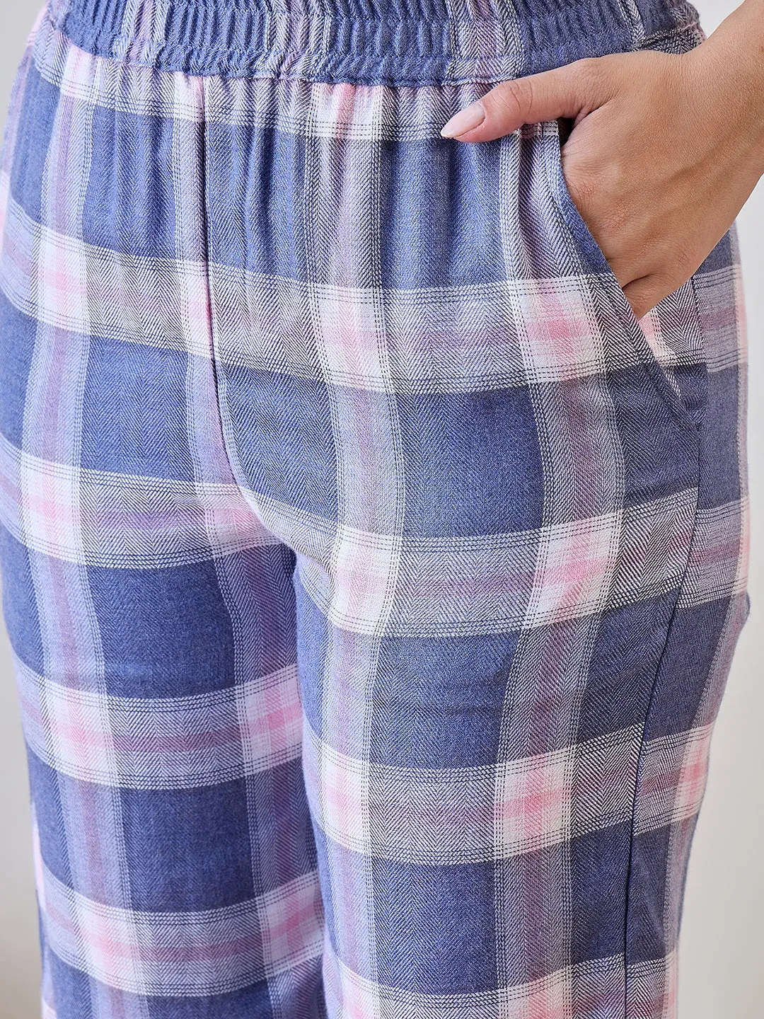 Blue and Pink Checks Ruffled Cute Viscose Pyjama Set With Lace Detail