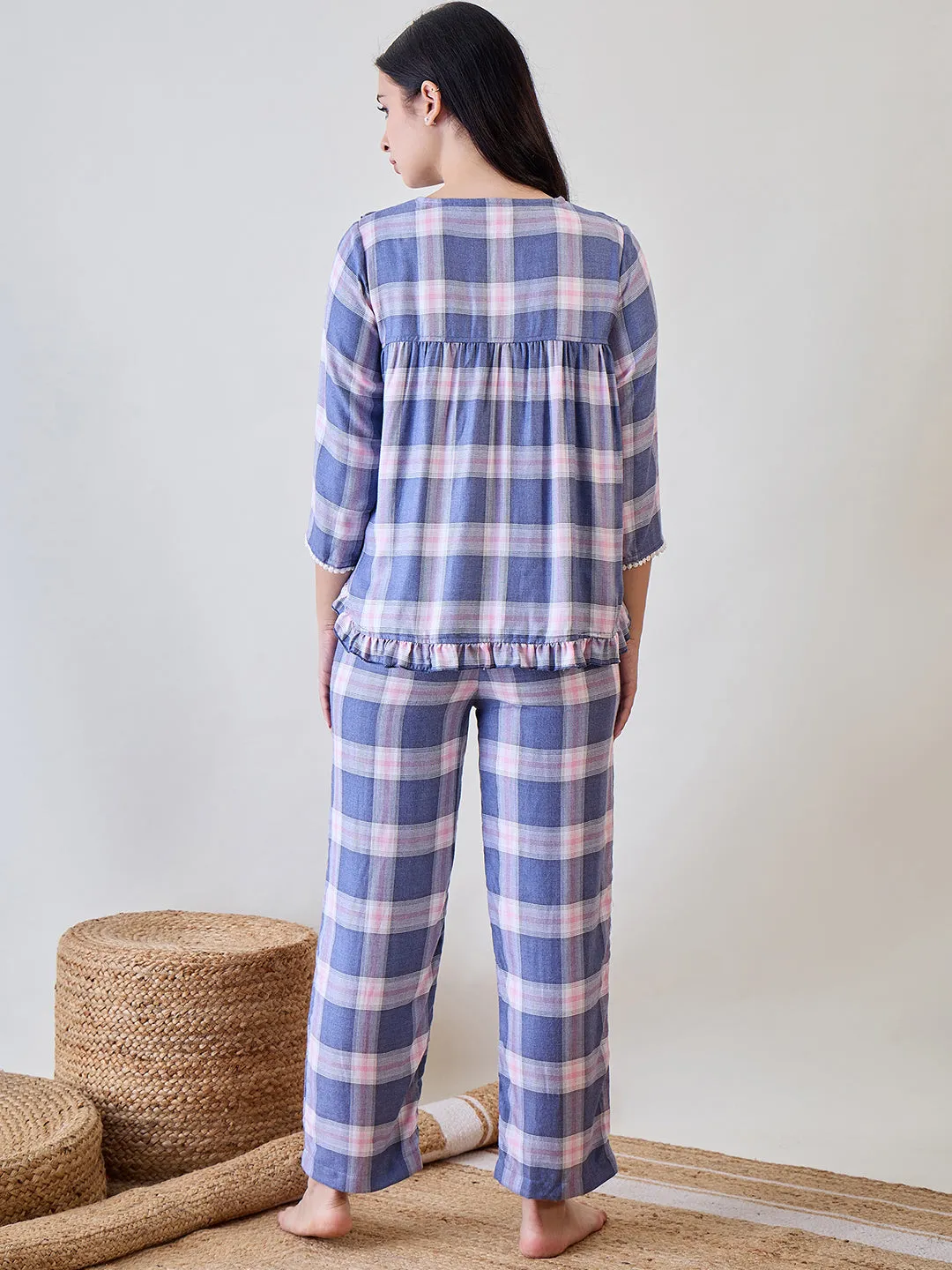 Blue and Pink Checks Ruffled Cute Viscose Pyjama Set With Lace Detail