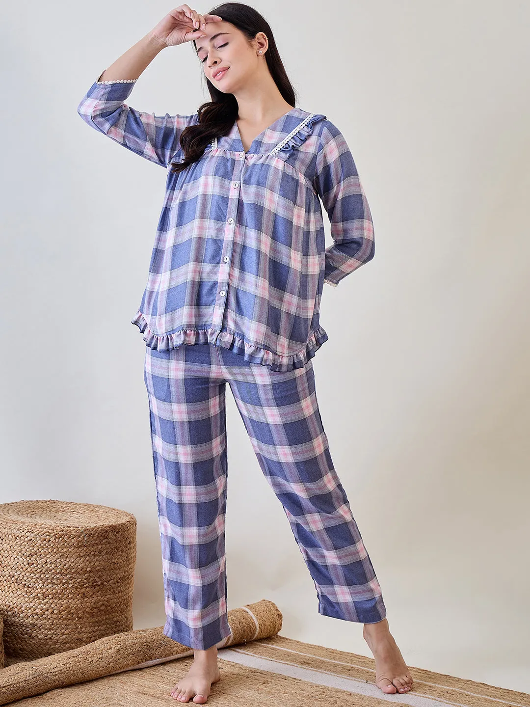 Blue and Pink Checks Ruffled Cute Viscose Pyjama Set With Lace Detail