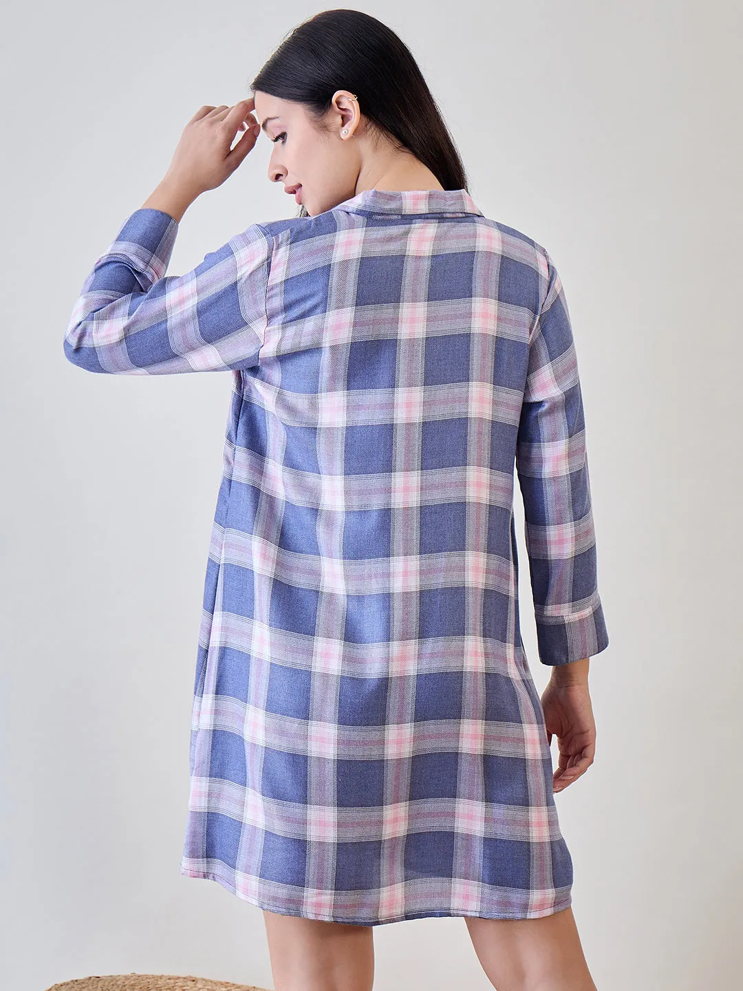 Blue and Pink Checks Viscose Sleep Shirt