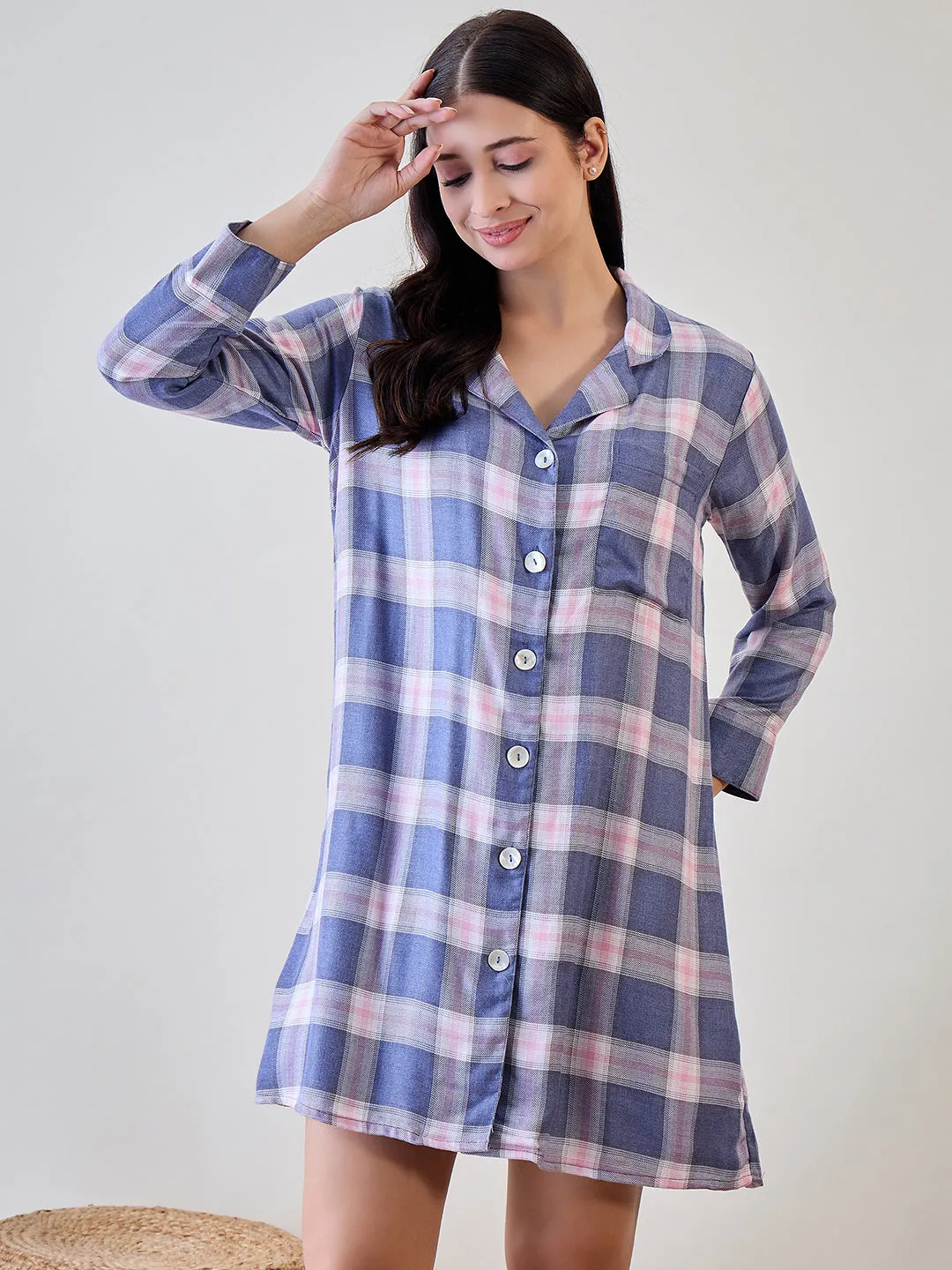 Blue and Pink Checks Viscose Sleep Shirt