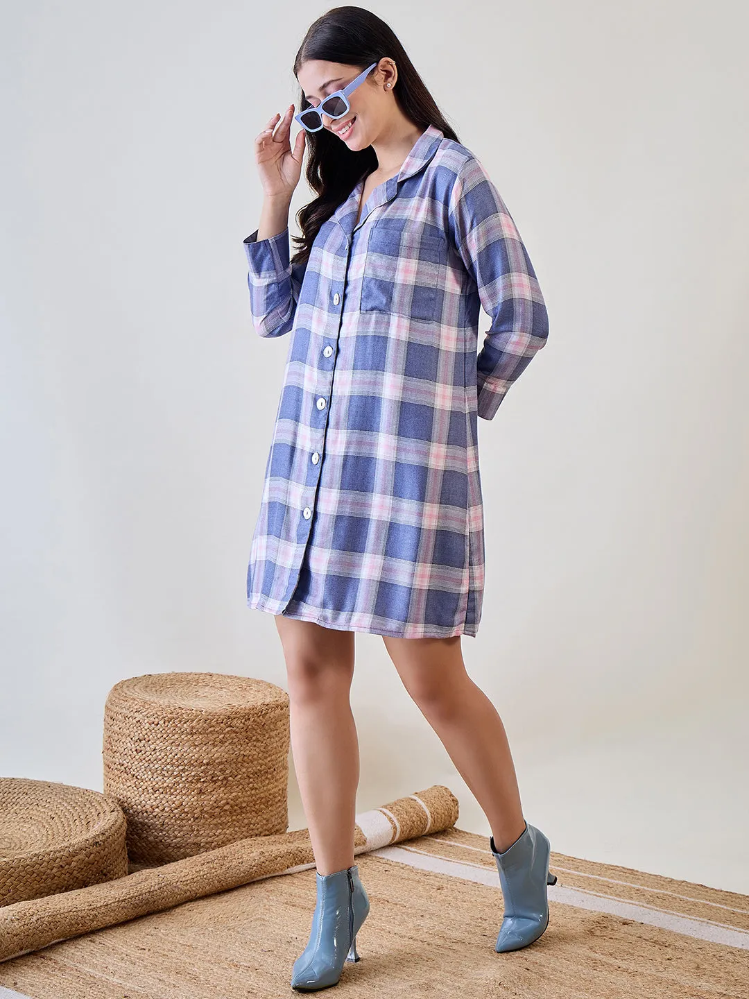 Blue and Pink Checks Viscose Sleep Shirt