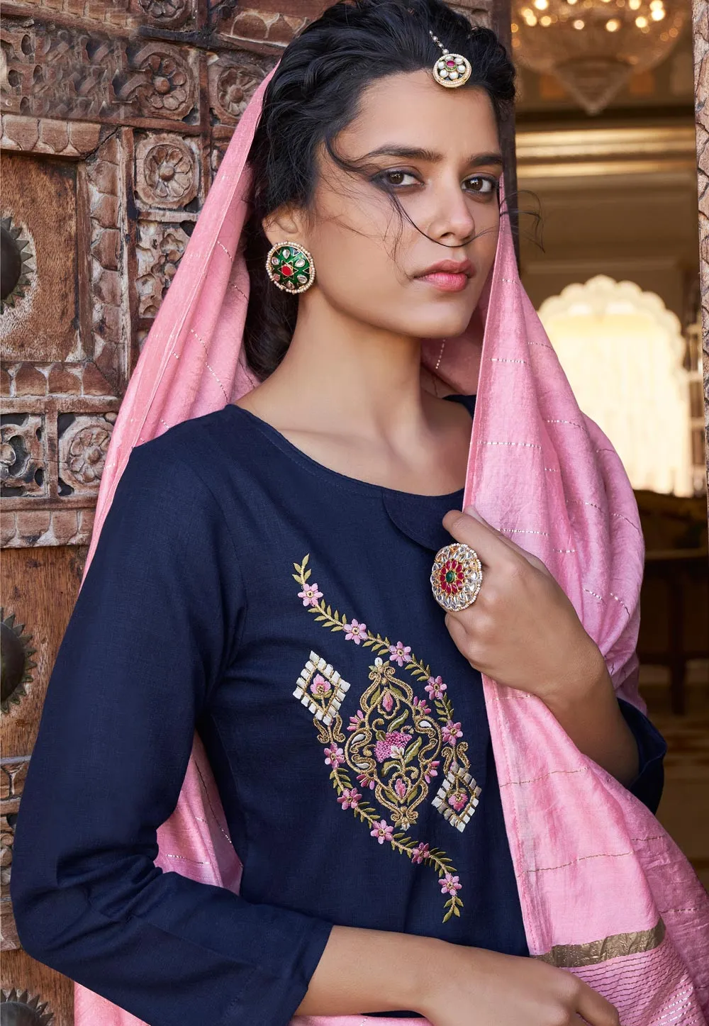 Blue And Pink Embroidered Pakistani Pant Suit