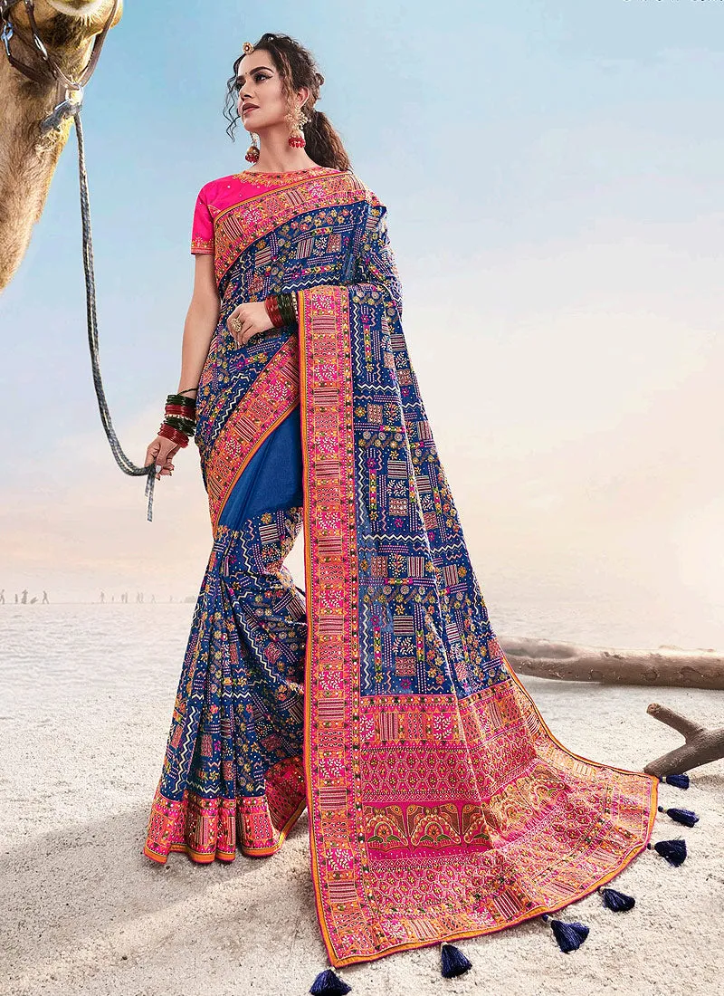 Blue And Pink Embroidered Saree