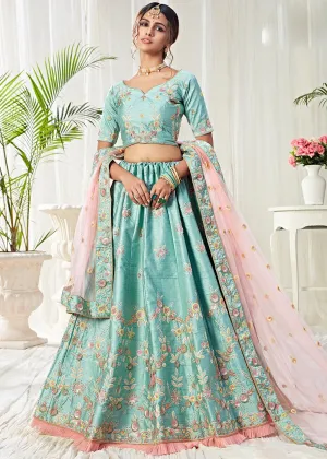 Blue And Pink Floral Embroidered Designer Lehenga Choli