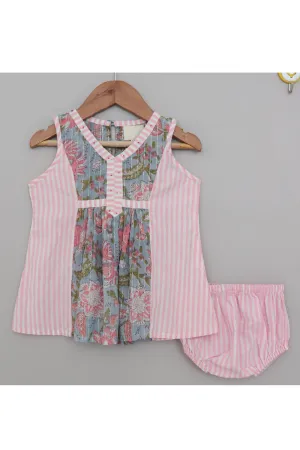 Blue And Pink Floral Printed Pure Cotton Dress With Bloomer