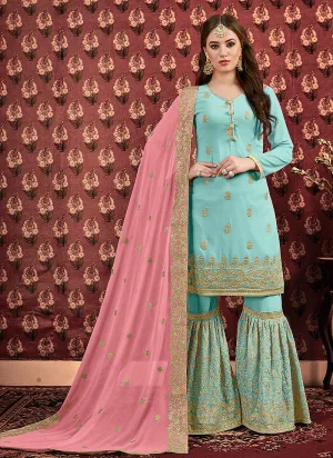 Blue And Pink Golden Embroidered Georgette Gharara Suit