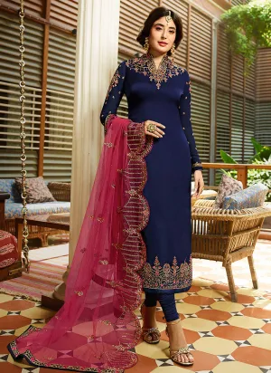 Blue And Pink Multi Embroidered Designer Pakistani Pant Suit