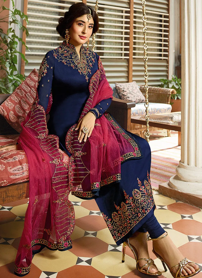 Blue And Pink Multi Embroidered Designer Pakistani Pant Suit