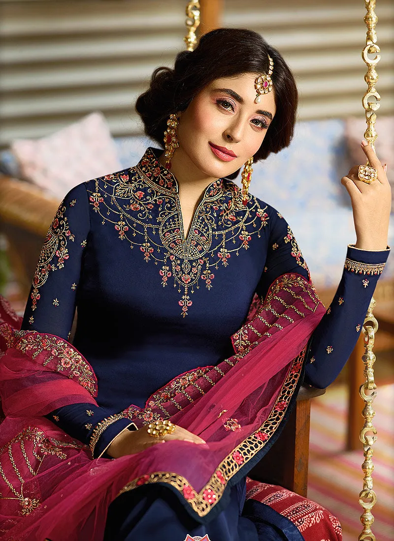 Blue And Pink Multi Embroidered Designer Pakistani Pant Suit