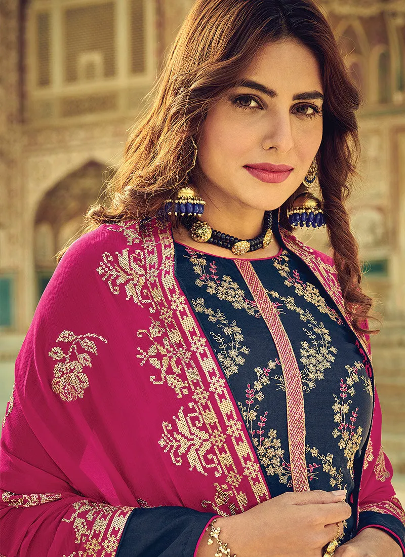 Blue And Pink Multi Embroidered Palazzo Suit