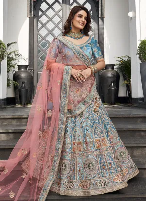 Blue and Pink Multi Embroidered Wedding Lehenga Choli