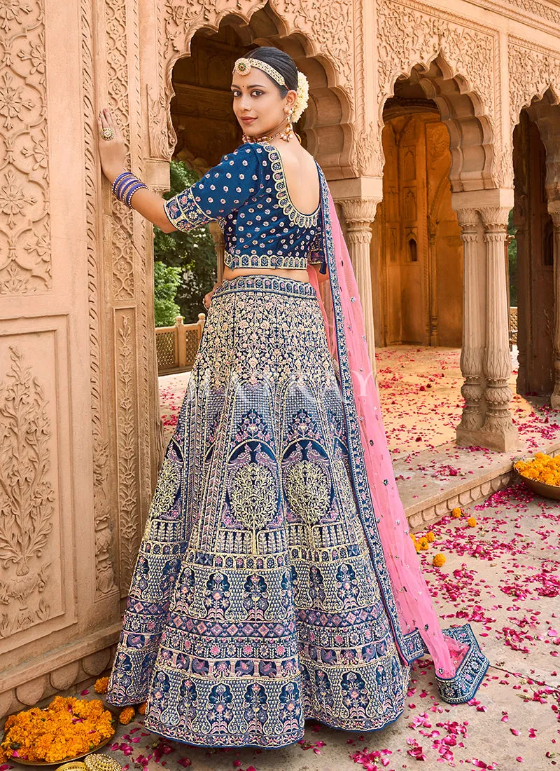 Blue And Pink Velvet Designer Bridal Lehenga Choli