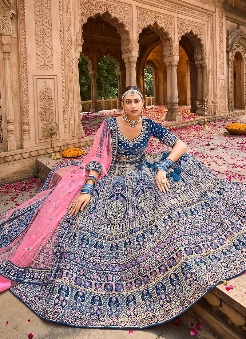 Blue And Pink Velvet Designer Bridal Lehenga Choli