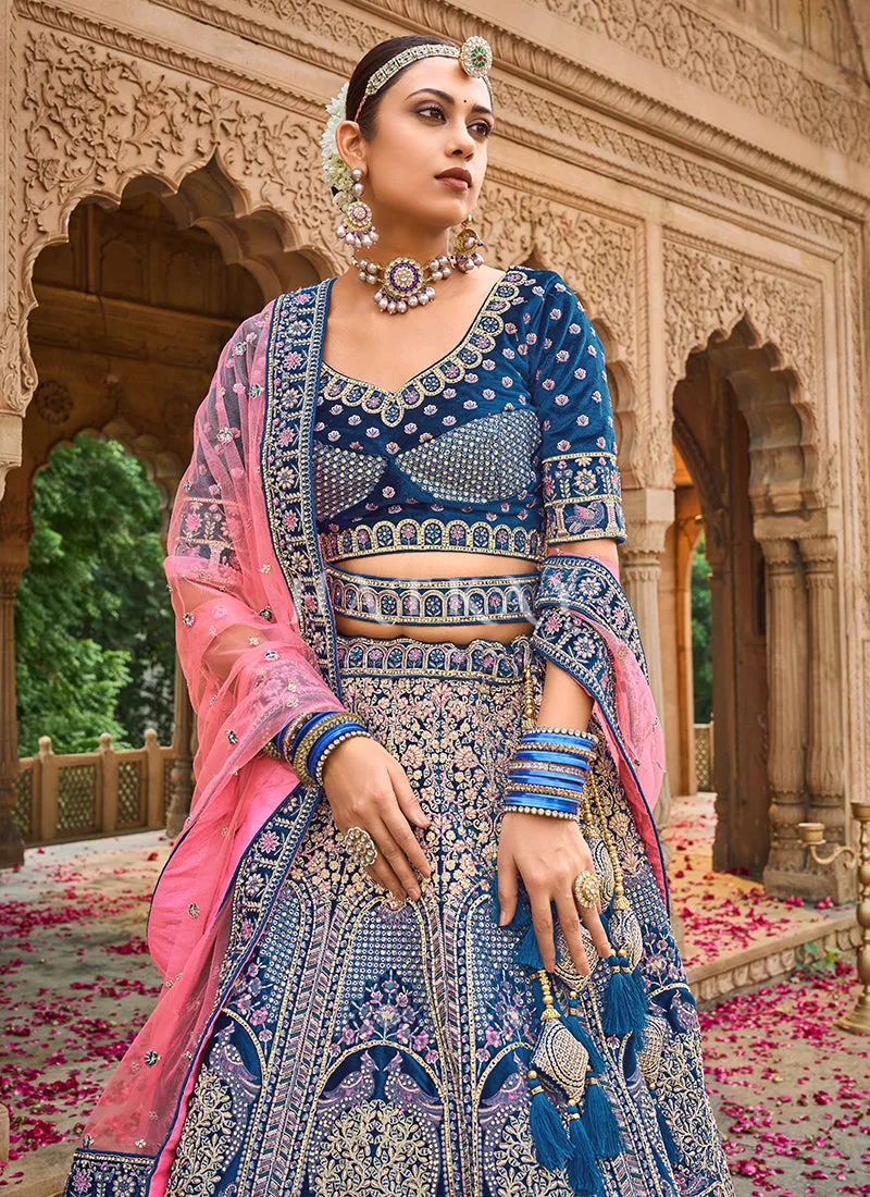 Blue And Pink Velvet Designer Bridal Lehenga Choli