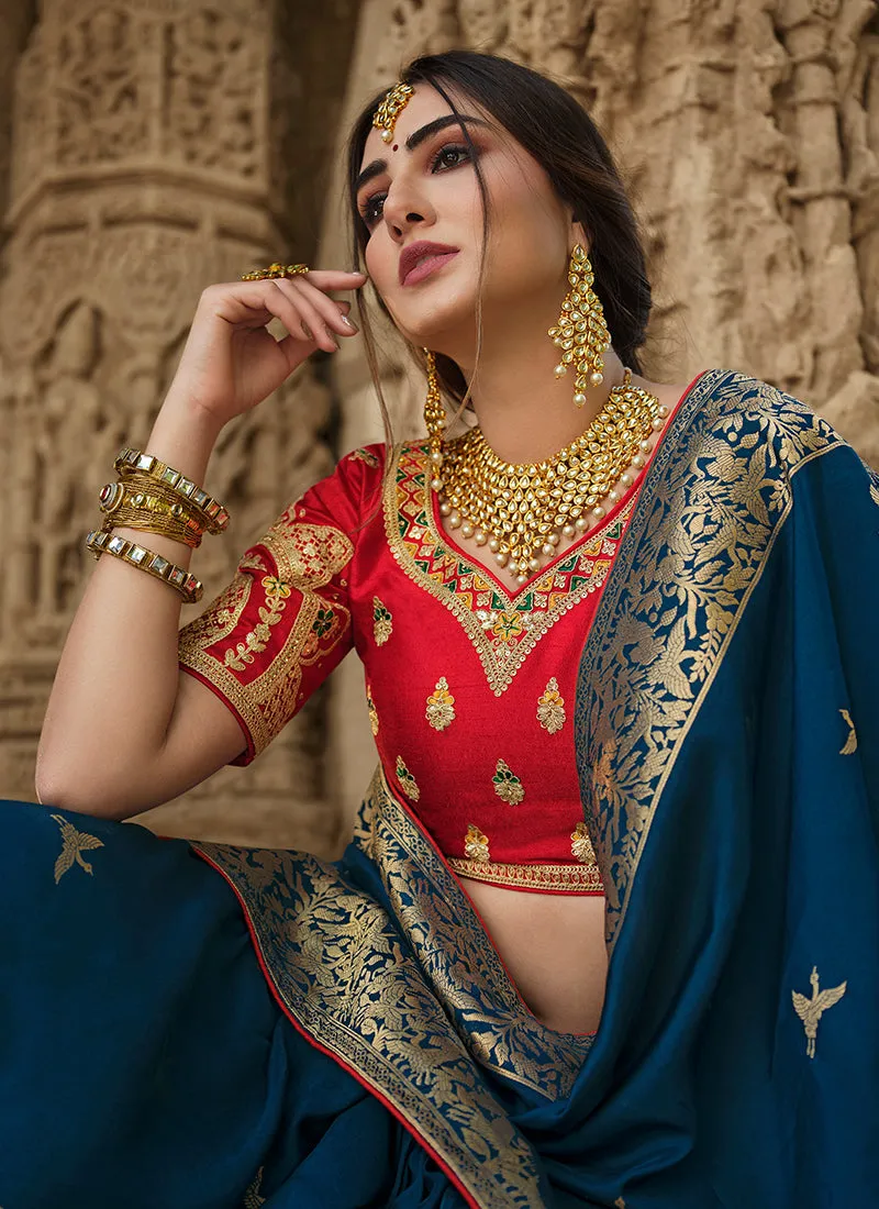 Blue And Red Traditional Embroidered Silk Saree