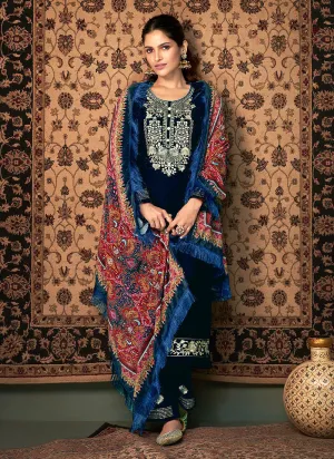 Blue And Red Velvet Pakistani Suit