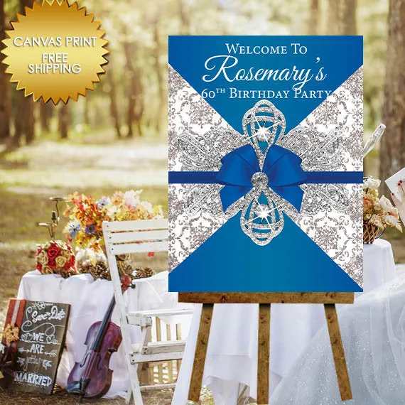 Blue and Silver Elegant Welcome Canvas Guest Book Sign