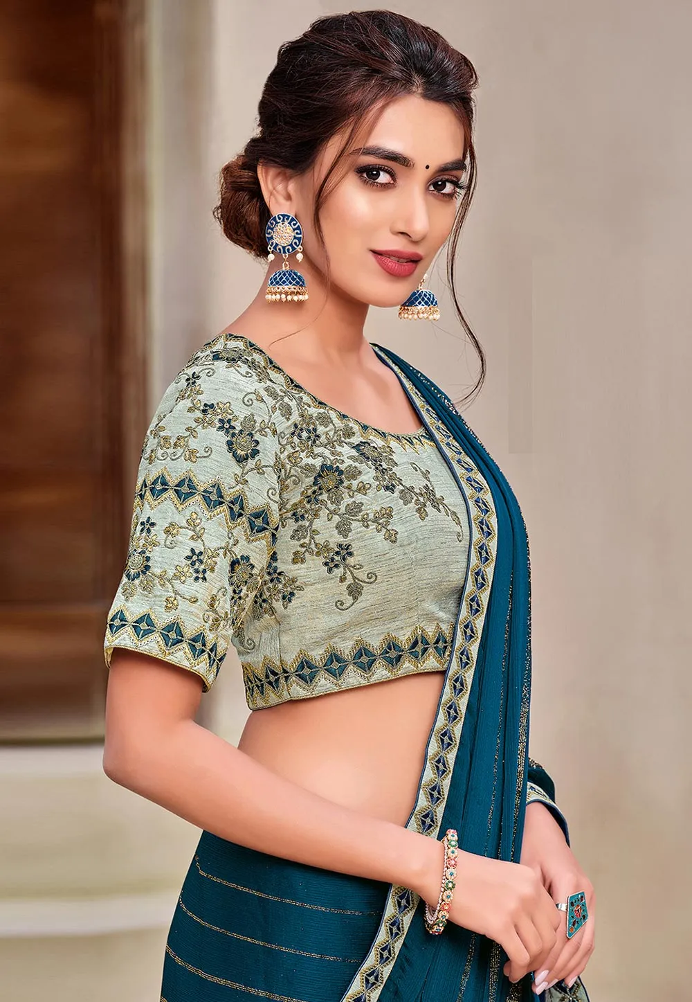 Blue And Teal Traditional Embroidered Silk Saree