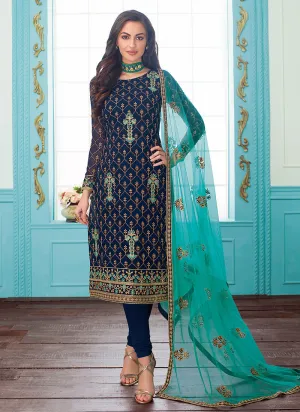 Blue And Turquoise Embroidered Indian Churidar Suit