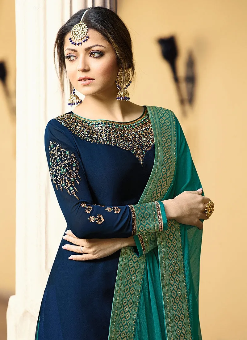 Blue And Turquoise Embroidered Lehenga Kurti Set