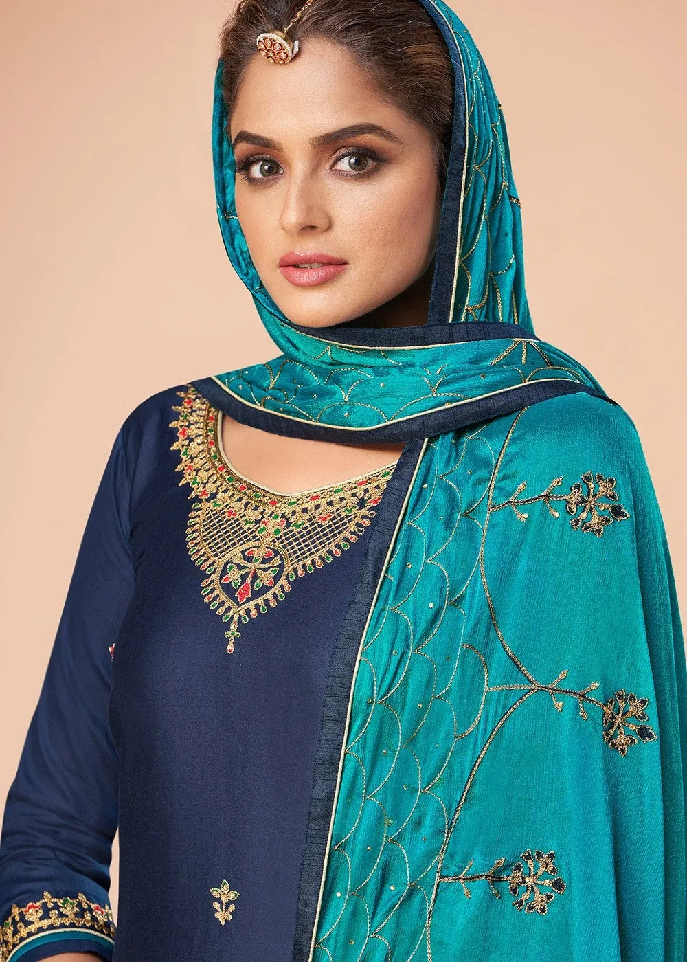 Blue And Turquoise Embroidered Salwar Suit