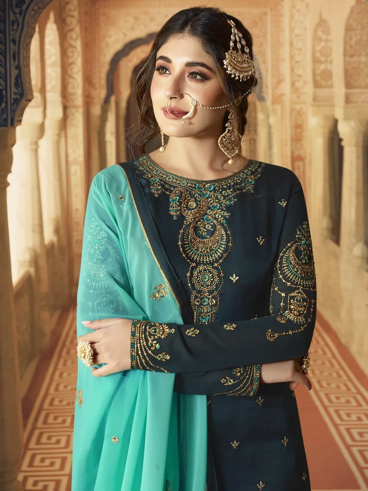 Blue And Turquoise Ethnic Embroidered Sharara Suit