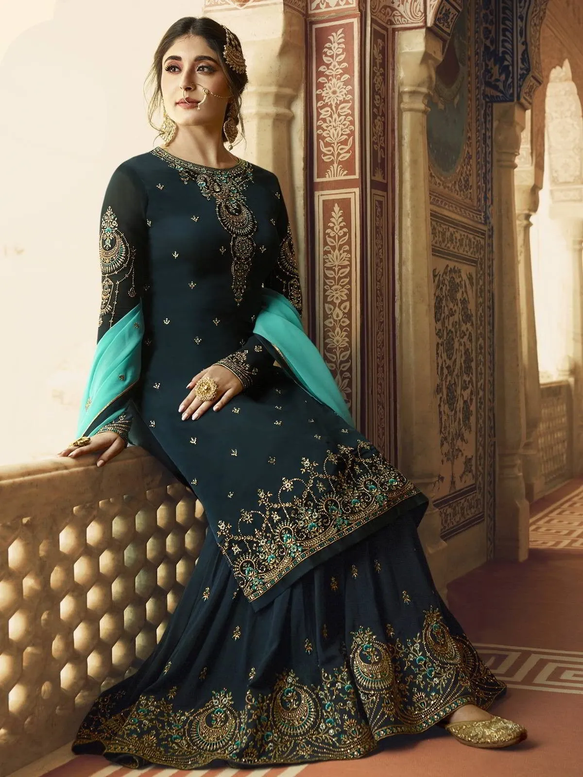 Blue And Turquoise Ethnic Embroidered Sharara Suit