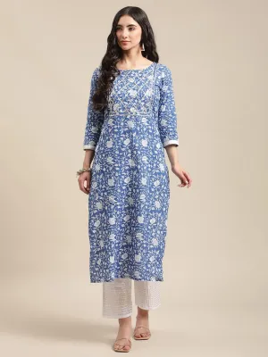 Blue and White Floral Gota Embellished Kurta with white gota work Trouser