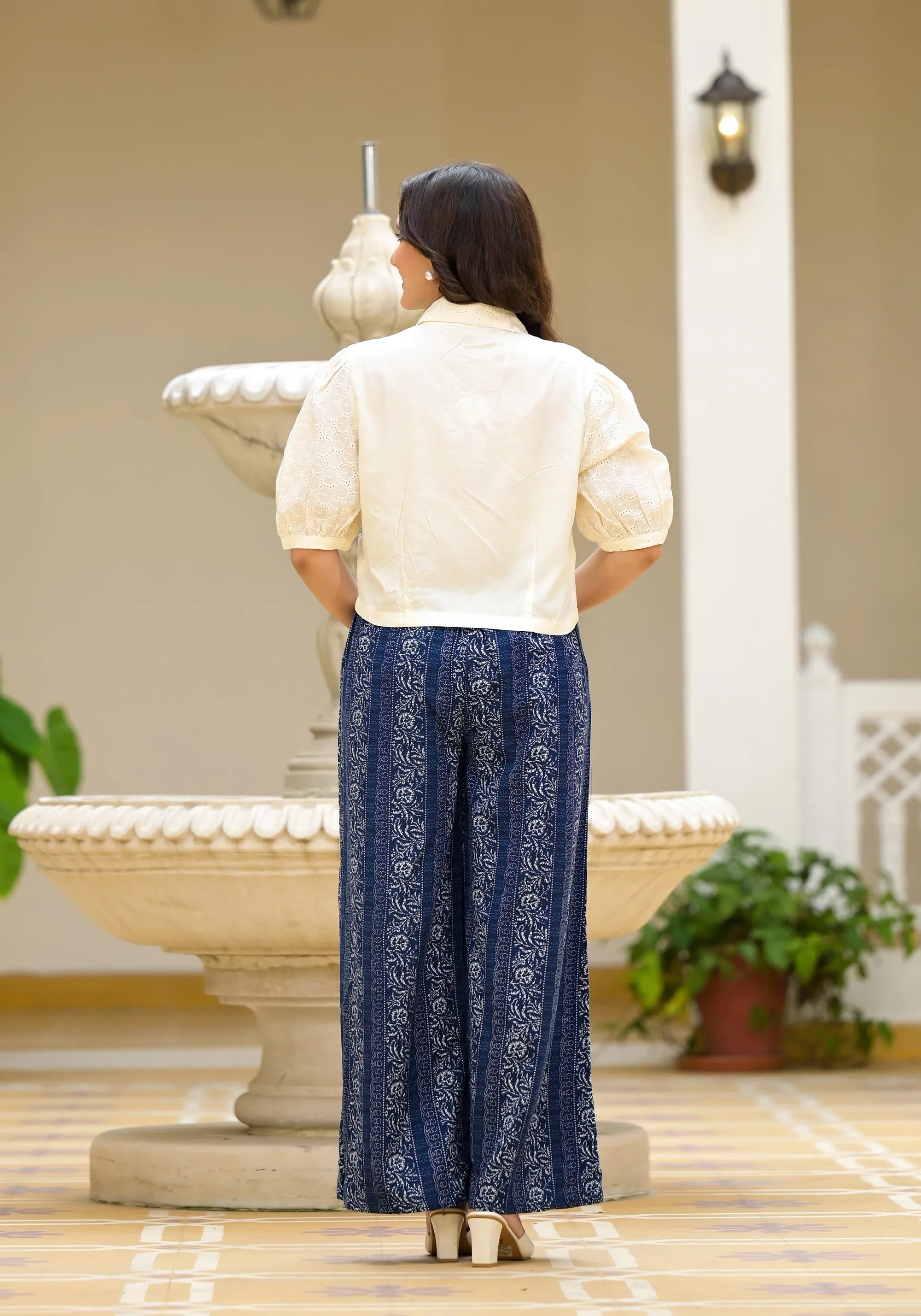 Blue and White Floral Printed Rayon Clothing Set With Thread Embroidery & Buttons