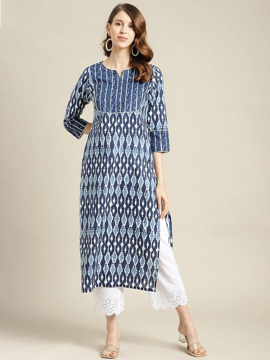 Blue And White Indigo  Straight Kurta With Highlighted Yoke And Having Round Neck And 3/4Th Sleeves