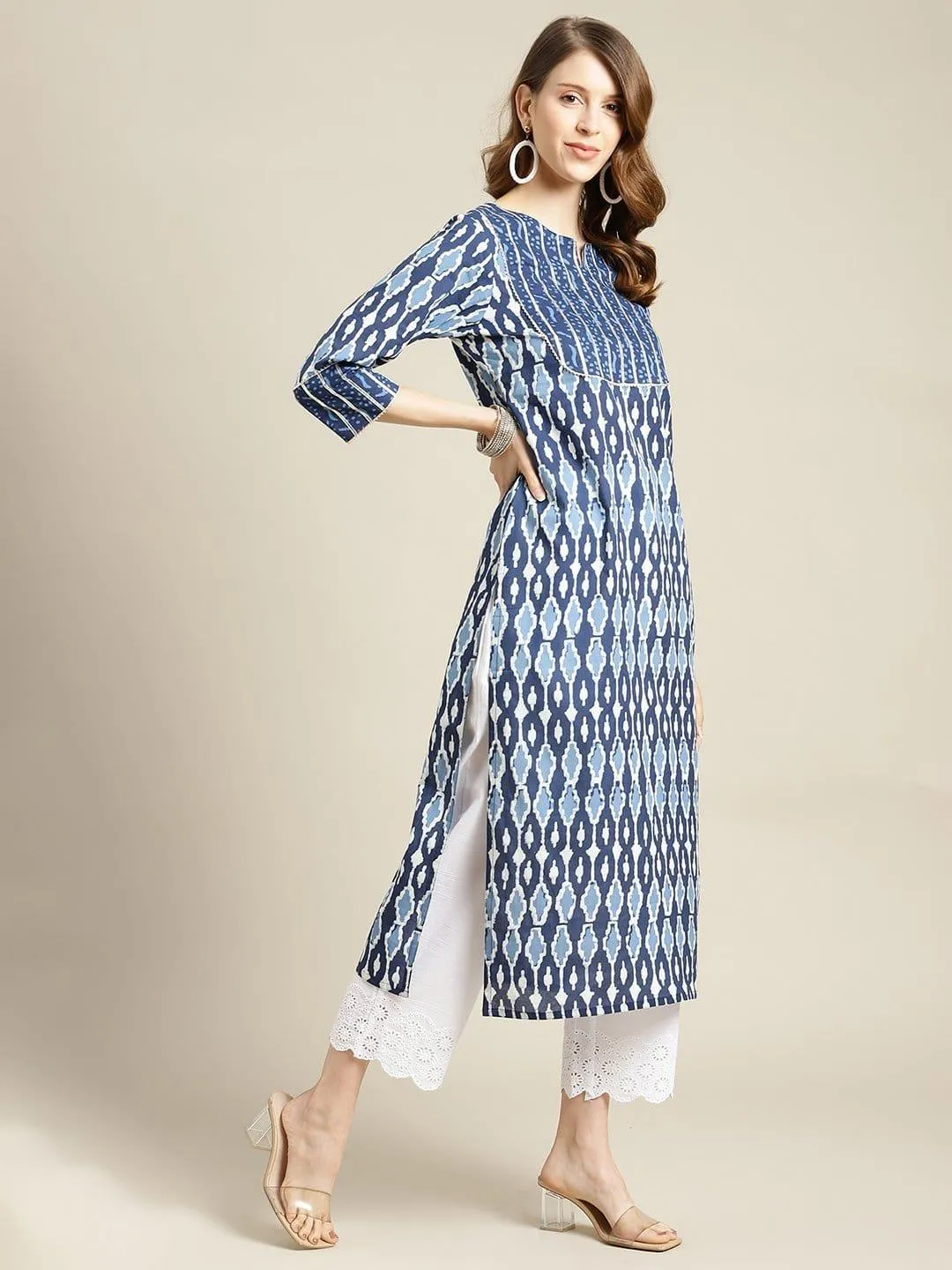 Blue And White Indigo  Straight Kurta With Highlighted Yoke And Having Round Neck And 3/4Th Sleeves