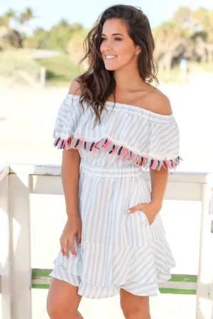 Blue and White Off Shoulder Striped Short Dress with Tassels