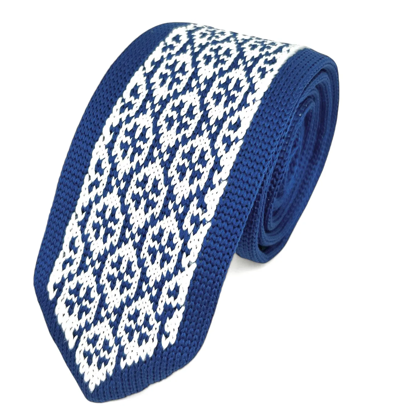 Blue and White Patterned Knit Tie by Paul Malone