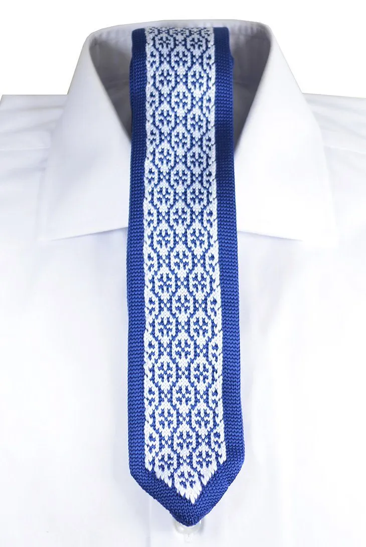 Blue and White Patterned Knit Tie by Paul Malone