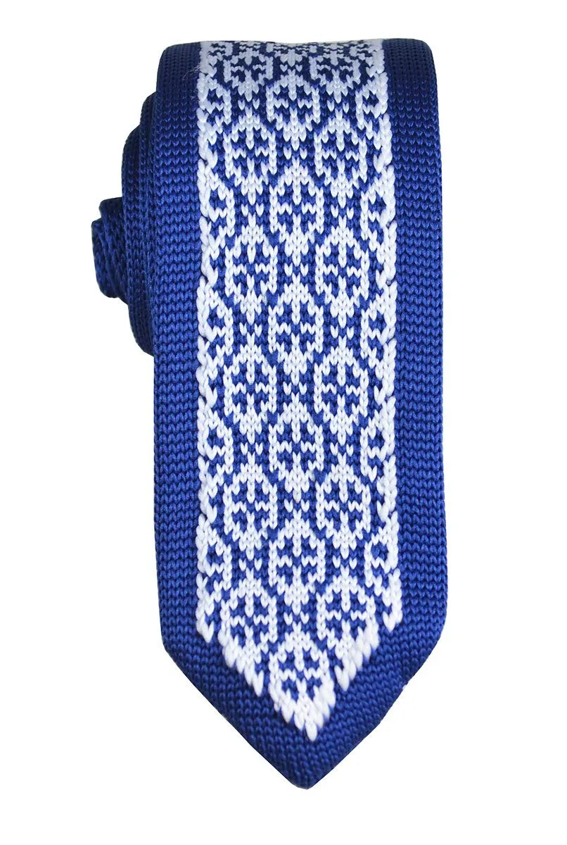 Blue and White Patterned Knit Tie by Paul Malone