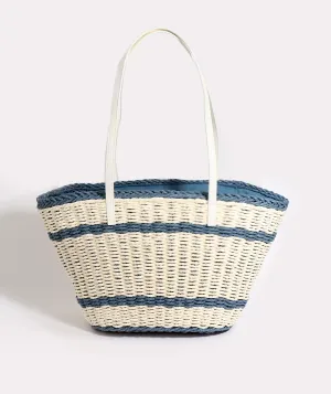 Blue and White Striped Straw Tote Bag with Zip Closure