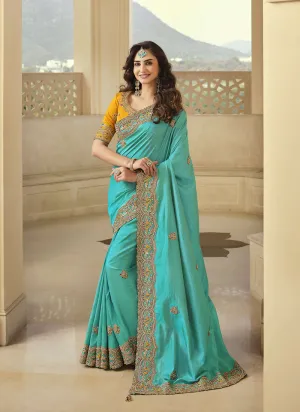 Blue And Yellow Embroidered Party Wear Saree