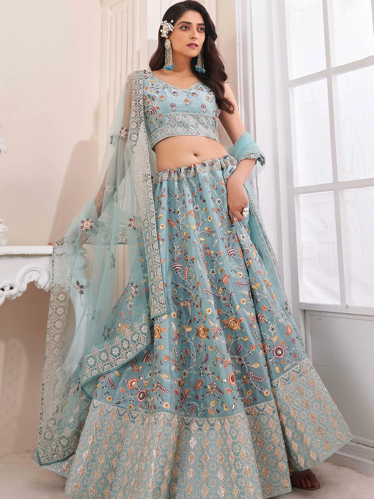 Blue Art Silk Embroidered Semi Stitched Lehenga Choli