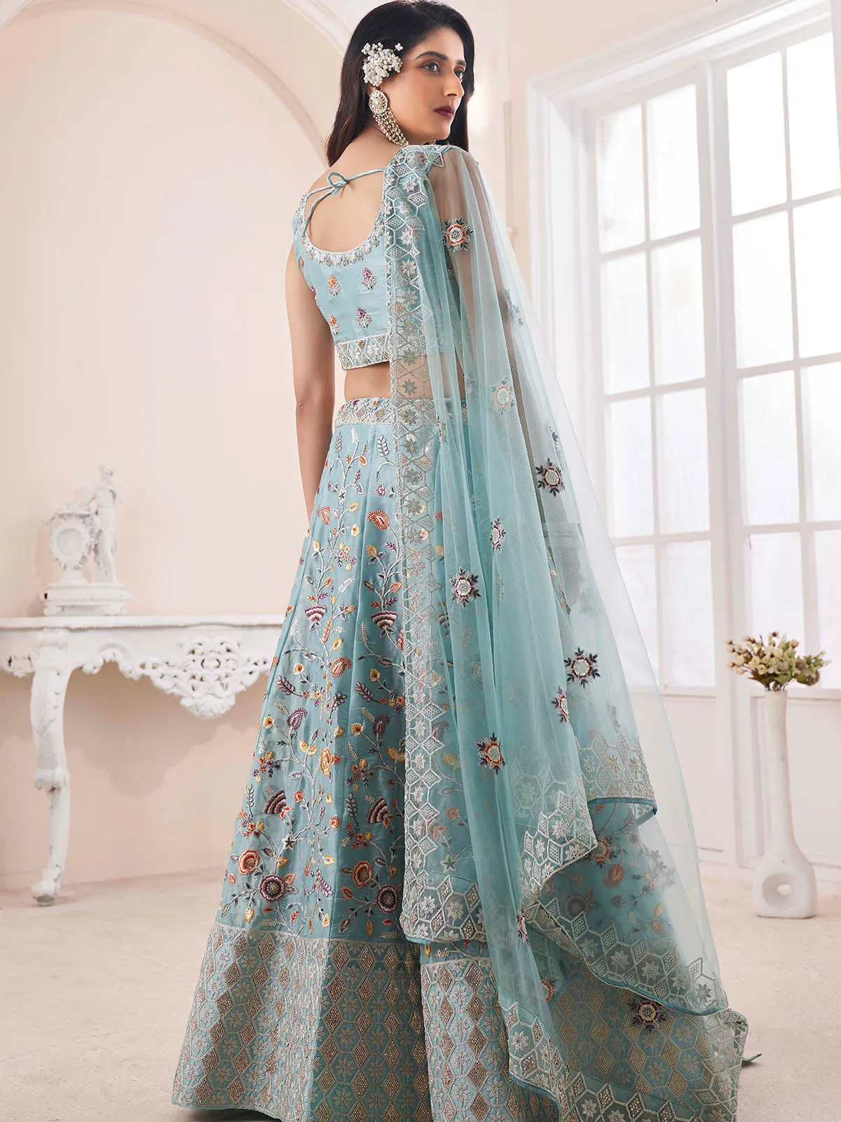 Blue Art Silk Embroidered Semi Stitched Lehenga Choli