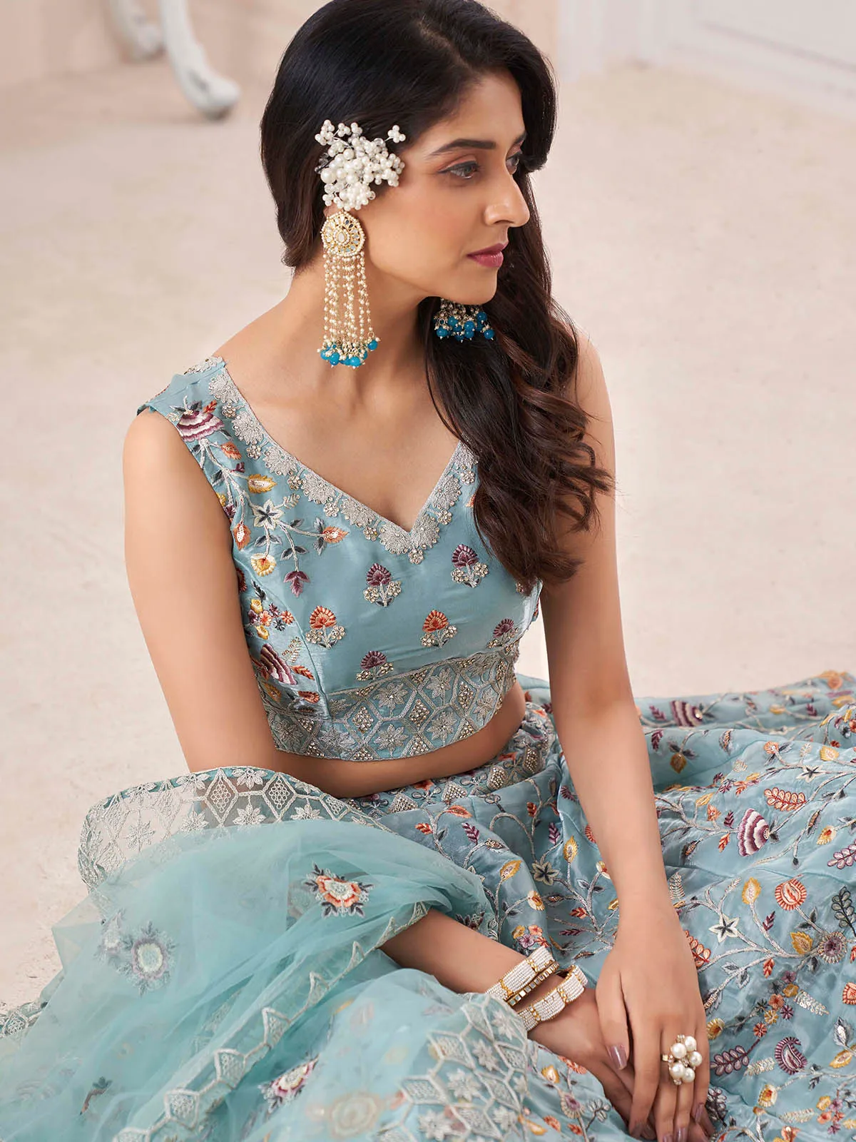 Blue Art Silk Embroidered Semi Stitched Lehenga Choli