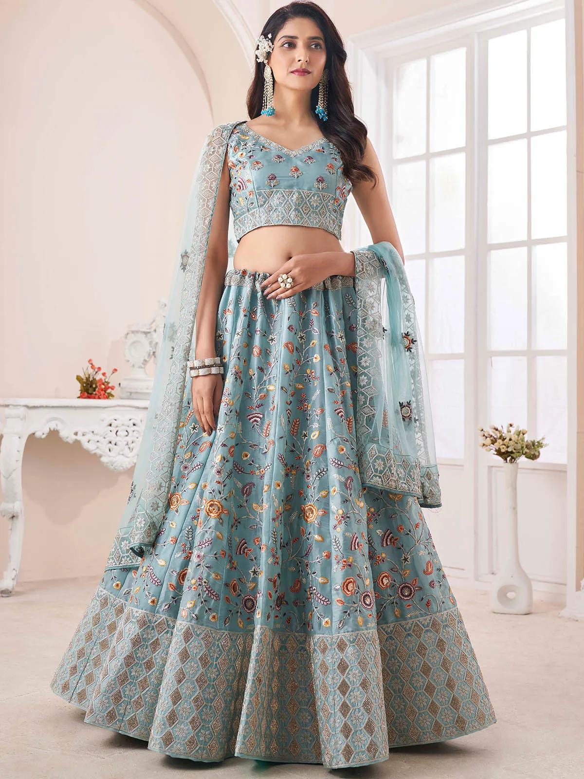 Blue Art Silk Embroidered Semi Stitched Lehenga Choli